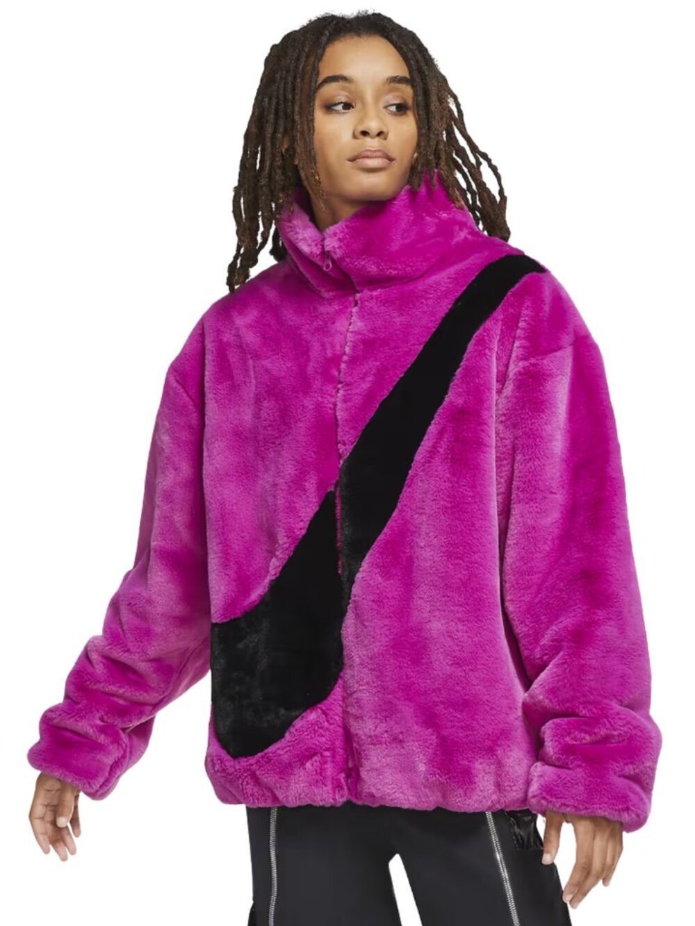 Nike Faux Fur Swoosh Jacket Pink Black Size Large